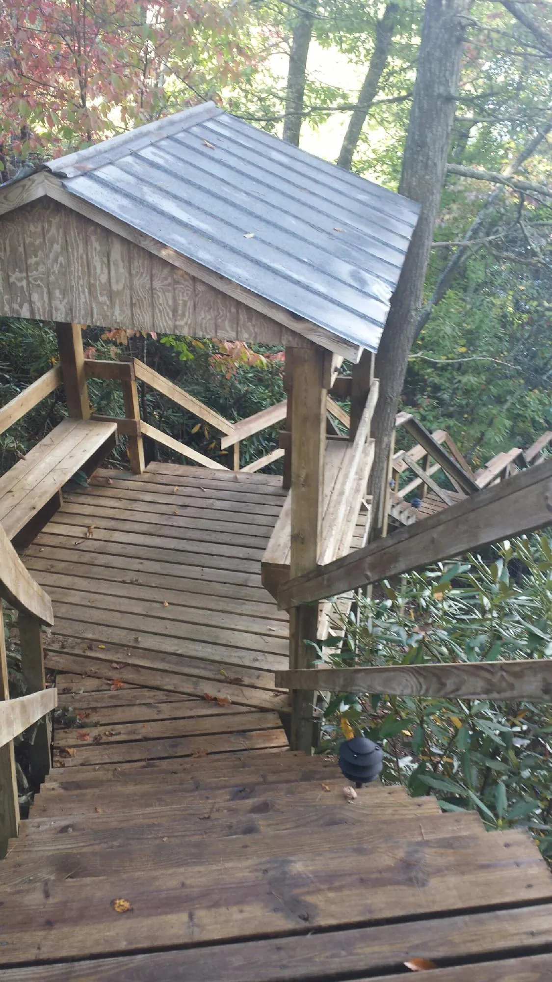 Metal roofed shelter over wooden steps on a wooded walkway — Skylight Repair & Installation work by our crew in North Hills